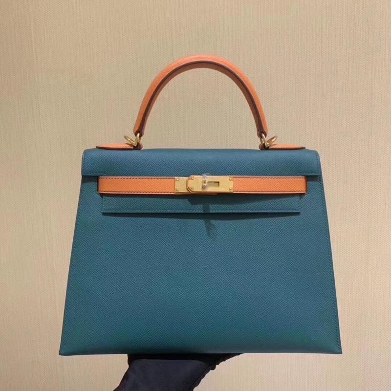 Hermes Kelly 25EP color matching peacock blue with orange gold buckle